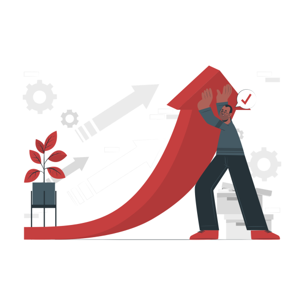 Illustration einer Person, die einen großen roten Pfeil nach oben schiebt - Symbol für Potenzialentfaltung und Ressourcenfokus in der Systemik
